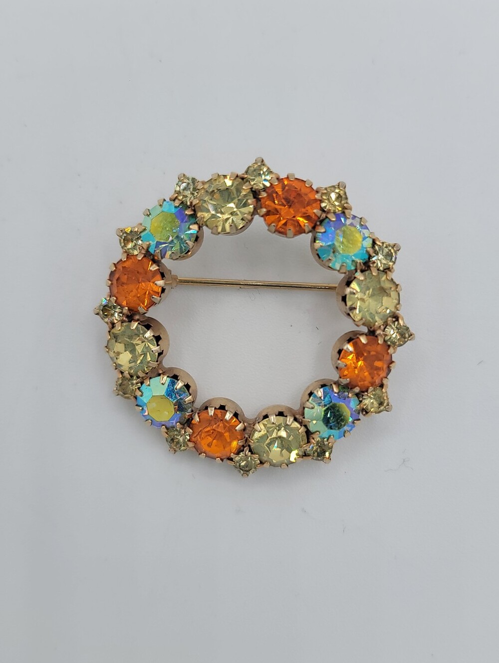 1960s AB Rhinestone Wreath Brooch Orange Yellow Topaz Gold Tone Pin Vintage